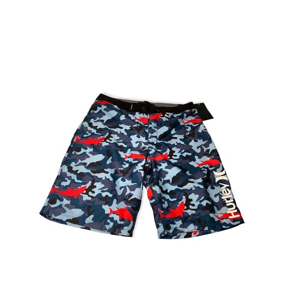 Hurley Boys Board Shorts Blue Camouflage Shark Drawstring Pockets 16 / 28 New - Picture 1 of 12